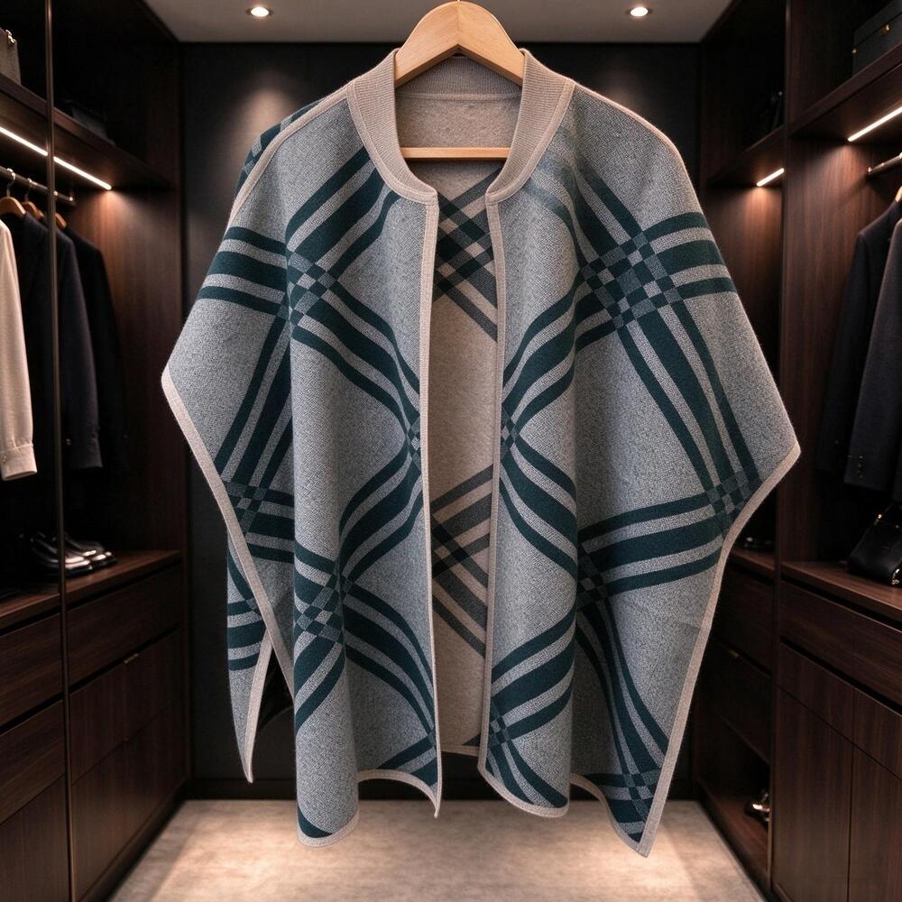Burberry Reversible Teal Grey Plaid Stand Collar Knit Cape Poncho